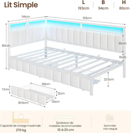 Canapé lit 90x190 avec éclairage LED et Prise USB,Cadre de Lits 90x190 avec Sommier à Lattes en métal,Lit Banquette Lits Coffre avec 2 tiroir de Rangement pour Studio/Chambre,Beige-sans Matela Beige 90x190cm