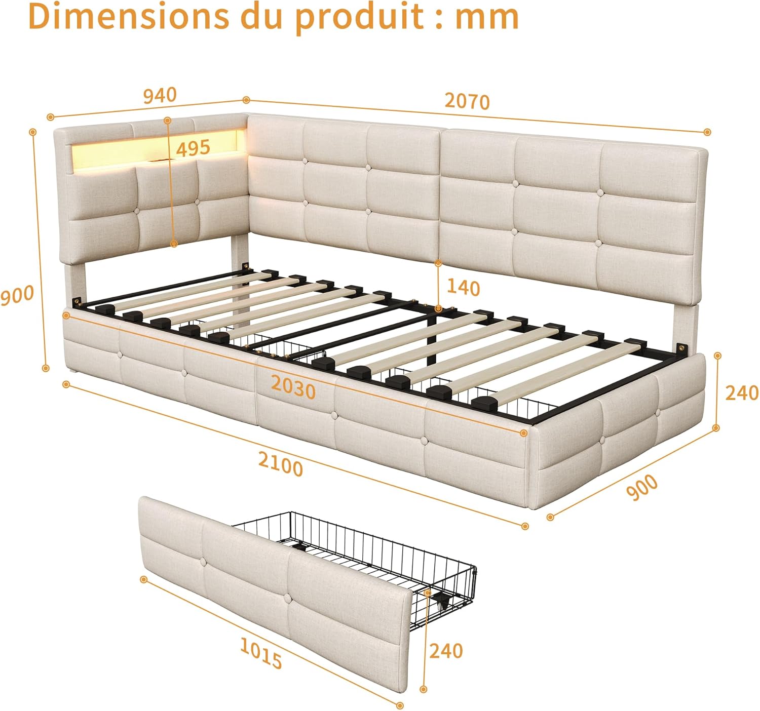 Canapé lit 90x200 avec éclairage LED et Prise USB,Cadre de Lits 90x200 avec Sommier à Lattes en Bois,Lit Banquette Lit Enfant avec 2 tiroir de Rangement,Lin,Beige-sans Matela Beige 90 x 200 cm
