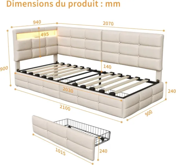 Canapé lit 90x200 avec éclairage LED et Prise USB,Cadre de Lits 90x200 avec Sommier à Lattes en Bois,Lit Banquette Lit Enfant avec 2 tiroir de Rangement,Lin,Beige-sans Matela Beige 90 x 200 cm
