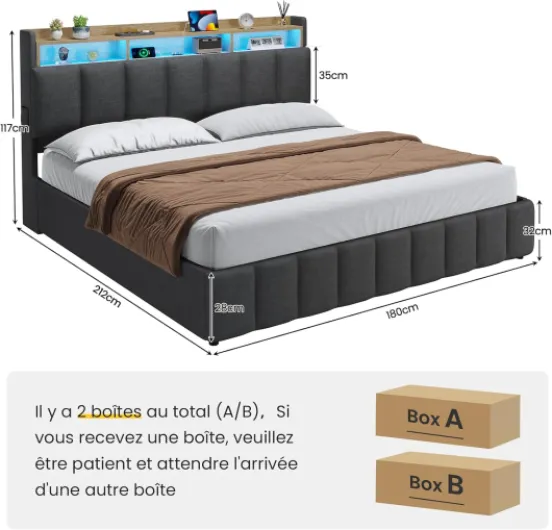 Lit Coffre 180 x 200 à LED, Lit Hydraulique avec Étagères Ouvertes et Rangement Caché en Tête de Lit Capitonné, lit 2 Personnes avec Lattes en Bois, Lits 180 x 200 avec Sommier en Lin Gris 180 X 200 Gris