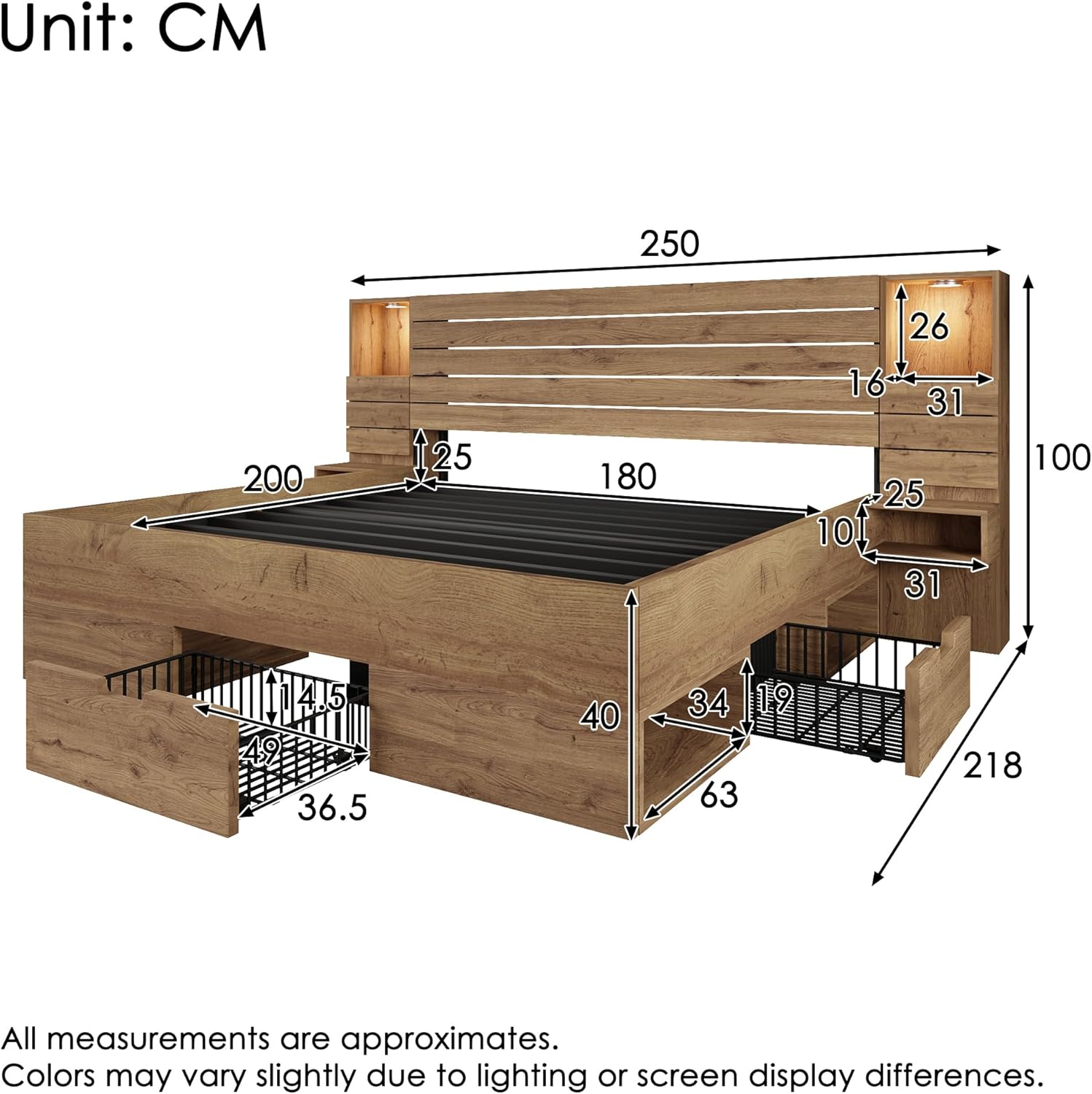 Zepneiy Lit 180x200 avec sommier et Spots LED et USB Type-C, Lit Coffre 180x200 avec Tables de Chevet flottantes, Espace de Rangement sous Le tiroirs, Cadre de en Bois, Chêne (sans Matelas) Chêne3 180x200