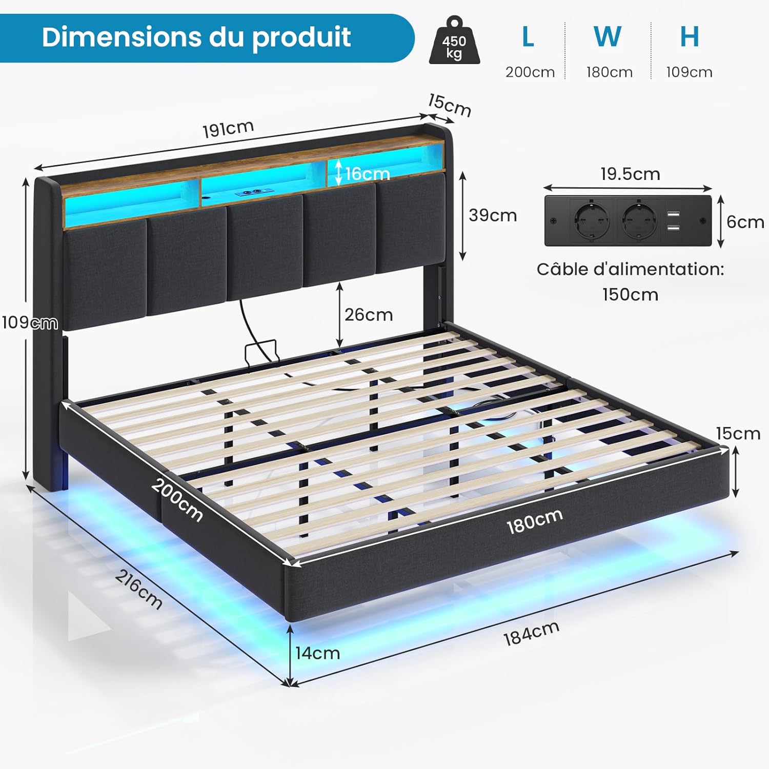 Lit 180x200 avec Sommier, Cadre de lit 180x200cm avec Éclairage LED et 2 Prises CA & 2 Ports USB, Tête de lit Rembourrée avec Rangement, Structure Stable, Effet Flottant, Tissu en Lin, Gris Gris 180x200cm