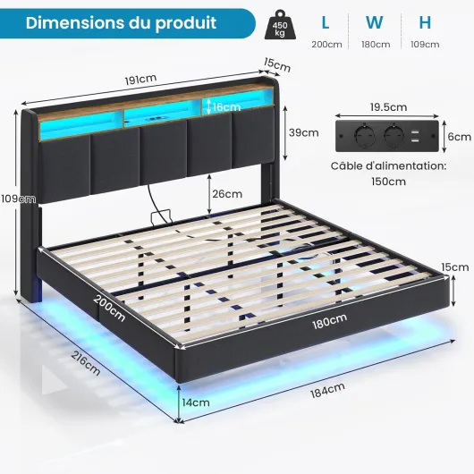 Lit 180x200 avec Sommier, Cadre de lit 180x200cm avec Éclairage LED et 2 Prises CA & 2 Ports USB, Tête de lit Rembourrée avec Rangement, Structure Stable, Effet Flottant, Tissu en Lin, Gris Gris 180x200cm
