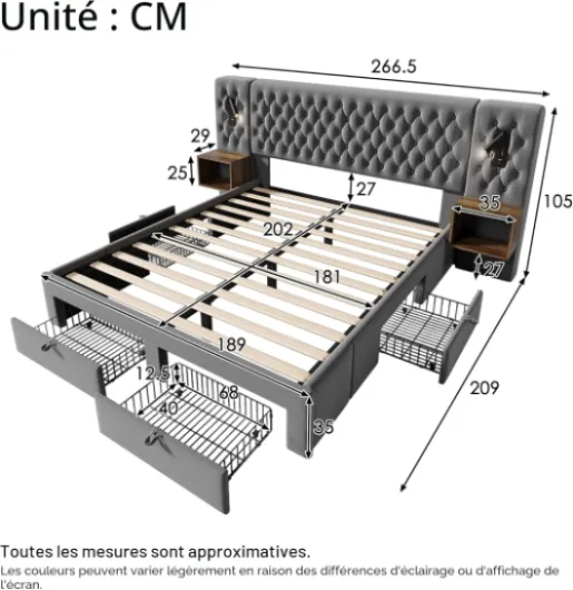 Zepneiy Lit 180x200 avec Sommier LED et USB et 2 Tables de Chevet, Lit Coffre 180x200 avec 4 Tiroirs et Tete, Lit Double avec à Lattes 2 Personnes, Lit Rembourré Cadre de Velours (sans Matelas) 180x200cm Gris avec Tiroirs
