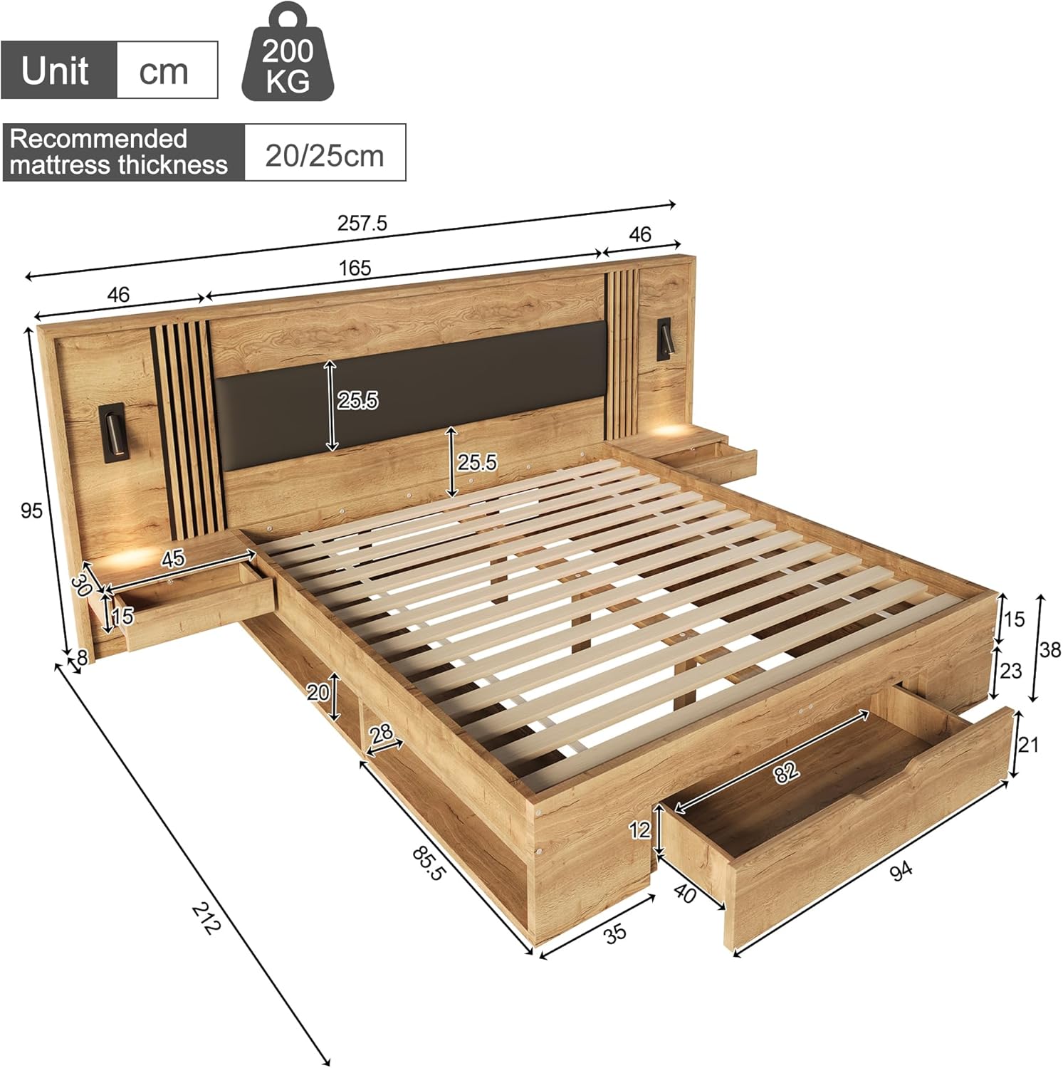 Zepneiy Lit 160x200 avec sommier et 2 Tables de Chevet, Lit Double en Bois avec Lampe de Lecture pour Jeunesse, Naturelle (sans Matelas) Naturelle 160x200