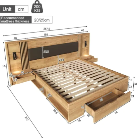 Zepneiy Lit 160x200 avec sommier et 2 Tables de Chevet, Lit Double en Bois avec Lampe de Lecture pour Jeunesse, Naturelle (sans Matelas) Naturelle 160x200