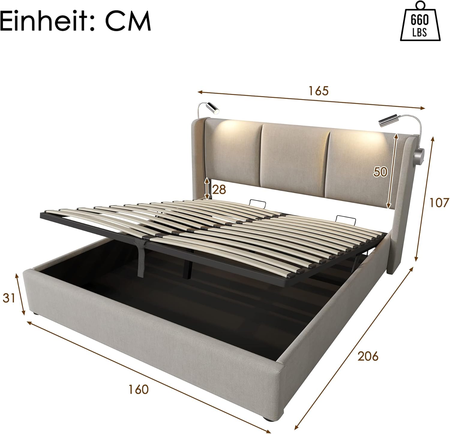 Lit Coffre 160x200 Avec Sommier, LED, USB et Tête de Lit - Espace de Rangement, Double à Lattes Pour 2 Personnes - Cadre Capitonné (Sans Matelas) 160x200cm Beige