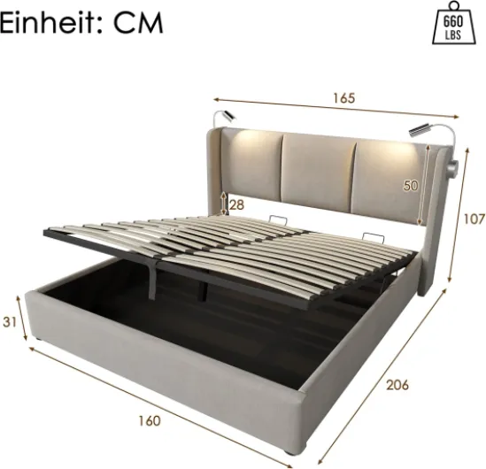 Lit Coffre 160x200 Avec Sommier, LED, USB et Tête de Lit - Espace de Rangement, Double à Lattes Pour 2 Personnes - Cadre Capitonné (Sans Matelas) 160x200cm Beige