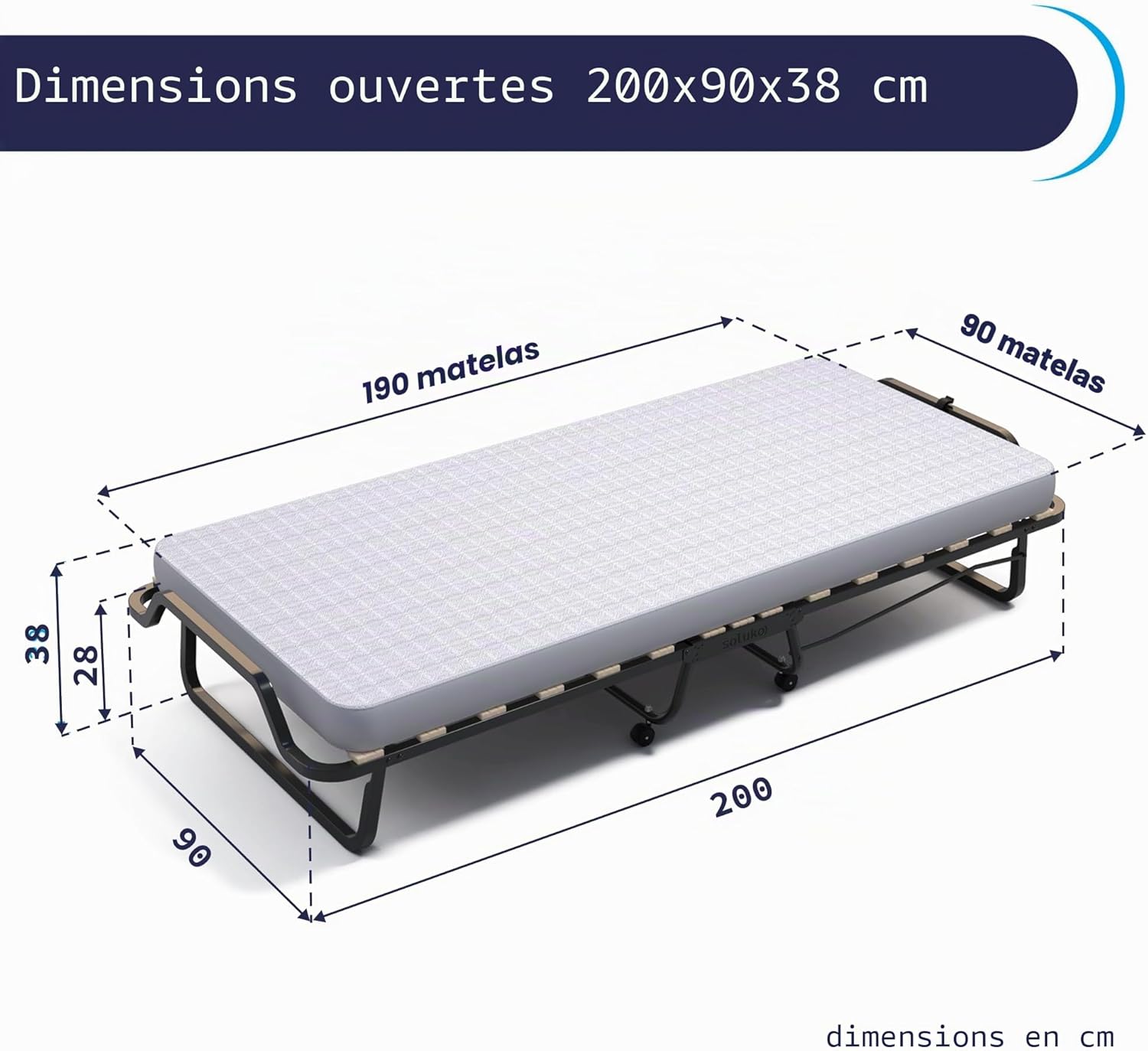 Soluko Lit Pliant Type Camp 90x200 XL Comfort avec Sommier à Lattes, Matelas en Polyuréthane et Housse Anti-Poussière Incluse, Structure Robuste avec 4 roulettes – 100% Made in Italy Polyuréthane 90x200 cm