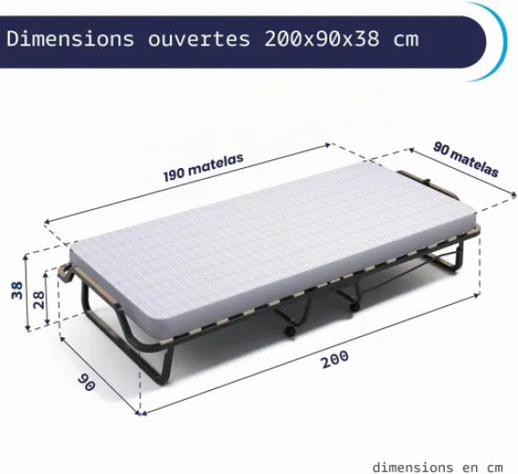 Soluko Lit Pliant Type Camp 90x200 XL Comfort avec Sommier à Lattes, Matelas en Polyuréthane et Housse Anti-Poussière Incluse, Structure Robuste avec 4 roulettes – 100% Made in Italy Polyuréthane 90x200 cm