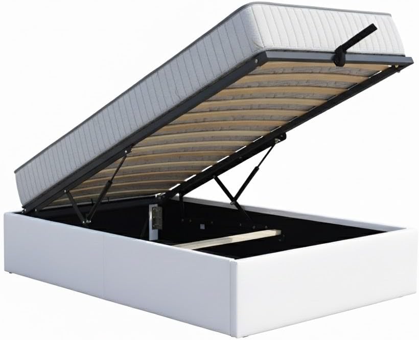 Ensemble Lit Coffre et Matelas 90x200 cm - Couleur : Blanc - Sommier Relevable avec Vérins Hydrauliques - Matelas Mousse Soutien Ferme Face Hiver Laine - Lit Coffre Déhoussable Blanc 90x200