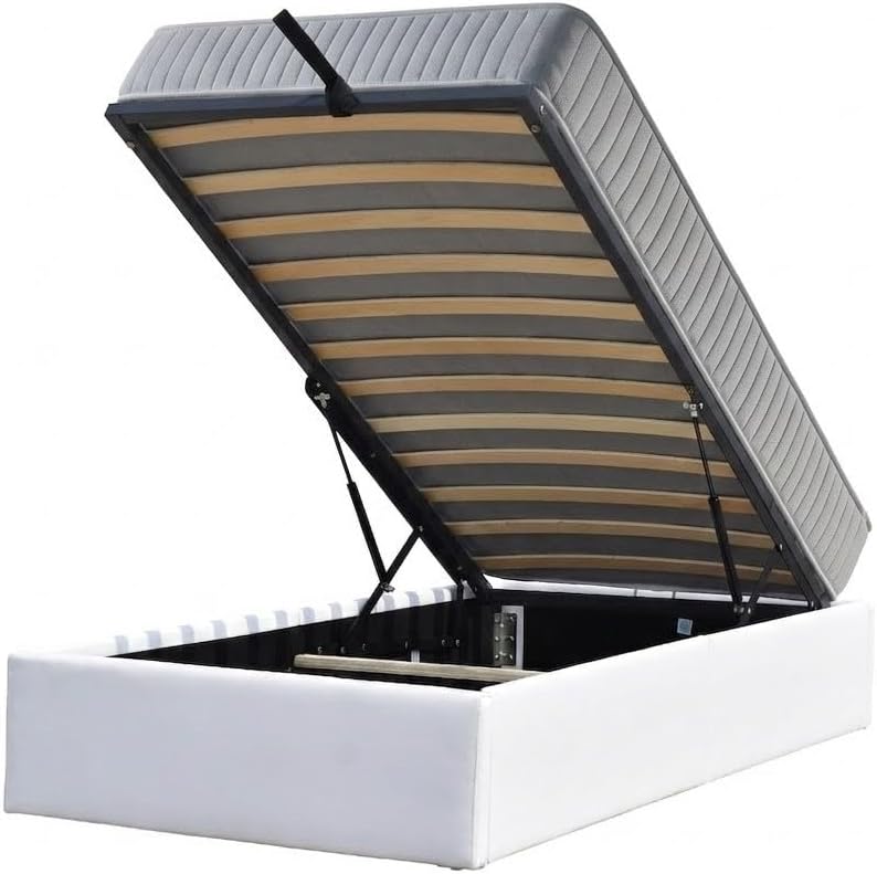 Ensemble Lit Coffre et Matelas 90x190 cm - Couleur : Blanc - Sommier Relevable avec Grand Coffre de Rangement et Vérins Hydrauliques - Matelas Latex Soutien Ferme - Lit Coffre Déhoussable Moderne Blanc 90x190