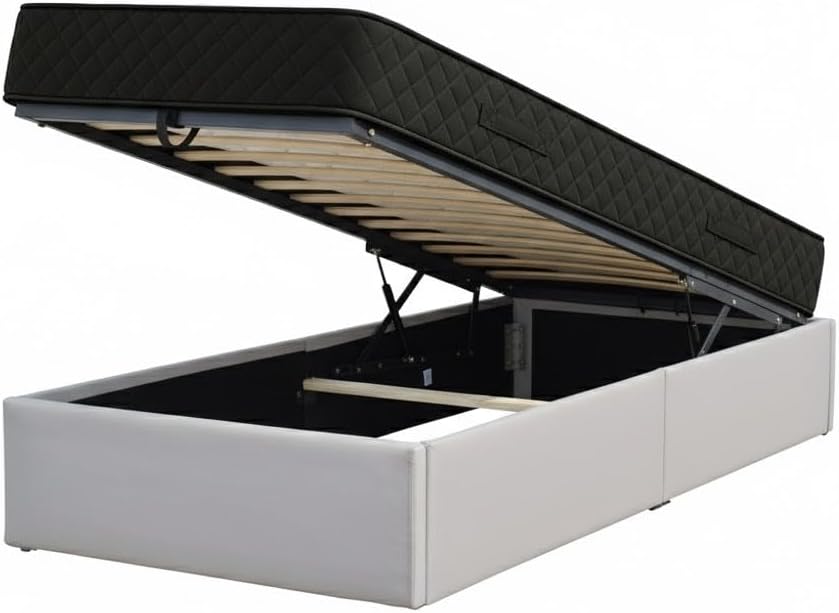 Ensemble Lit Coffre et Matelas 90x200 cm - Couleur : Gris - Sommier Relevable avec Vérins Hydrauliques - Matelas Latex Accueil Moelleux Soutien Ferme - Lit Coffre Déhoussable
