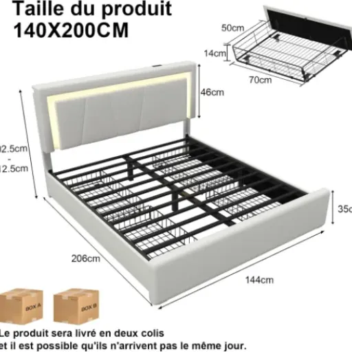 Test E-Motie Cadre de Lit 140 x 200 : un lit complet avec rangements, LED et prises, qui fait le job sans ruiner