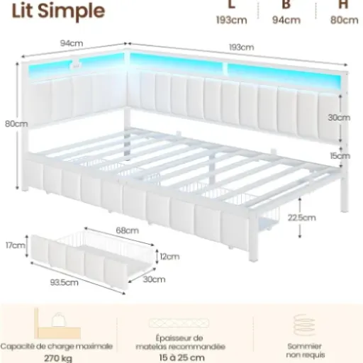 Test DICTAC Canapé lit 90x190 : un lit banquette malin avec LED et USB pour petit espace