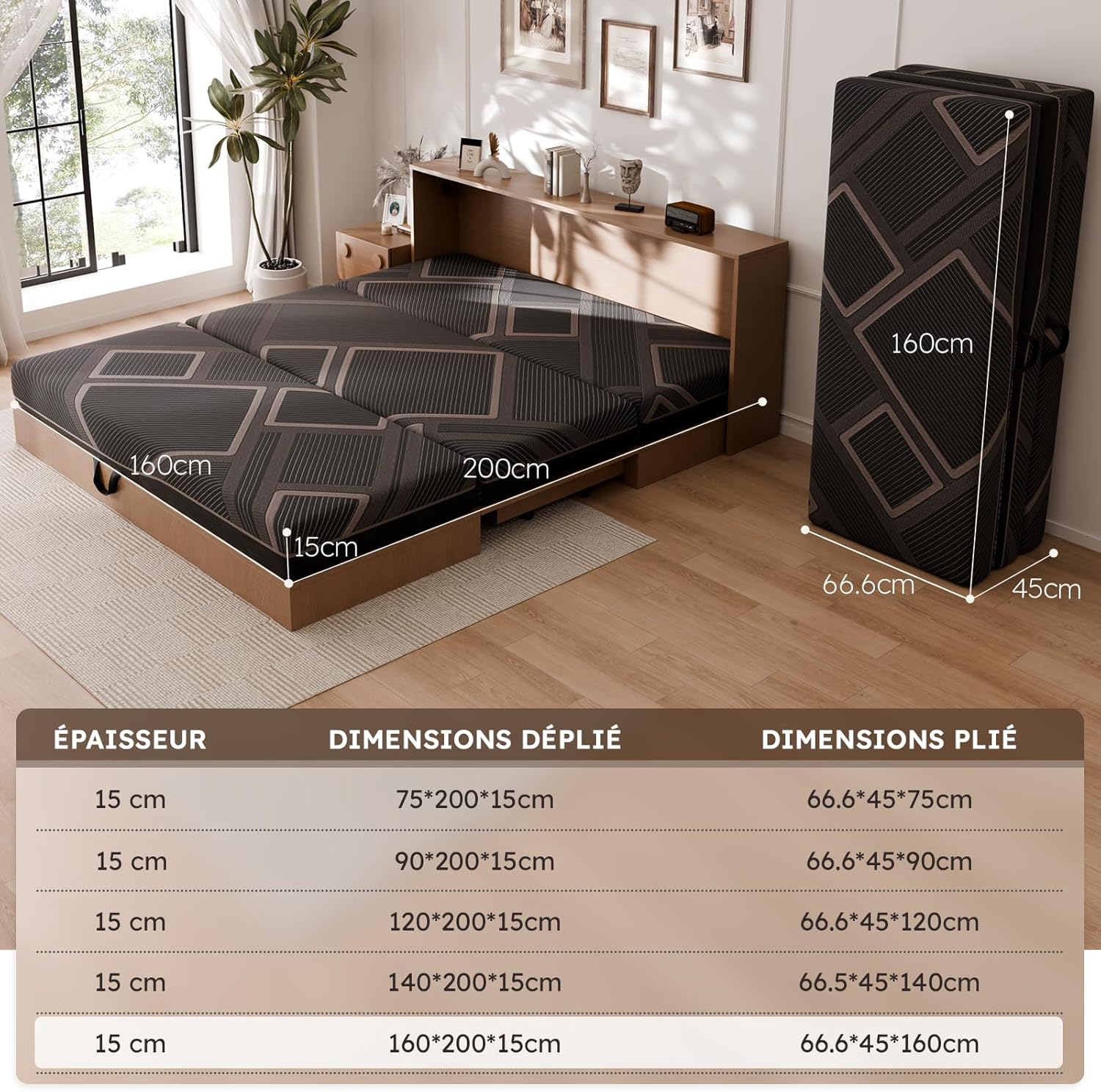 Matelas Pliant 160x200 cm, Épaisseur 15 cm, Matelas 3 Parties, Lit d’Appoint pour Invités, Housse Amovible et Lavable, Antidérapant, Gain de Place, Idéal Maison et Voyage 160 X 200 X 15CM