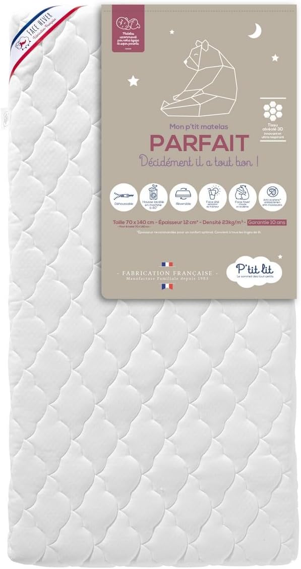 P'TIT LIT - Matelas Enfant/Bébé Parfait - 70x140 cm - 2 Faces : Ultra Respirant l'Été/Chaud et Douillet l'hiver - Anti Acarien - Déhoussable - Oeko Tex® - Fabrication Française 70x140x12 cm