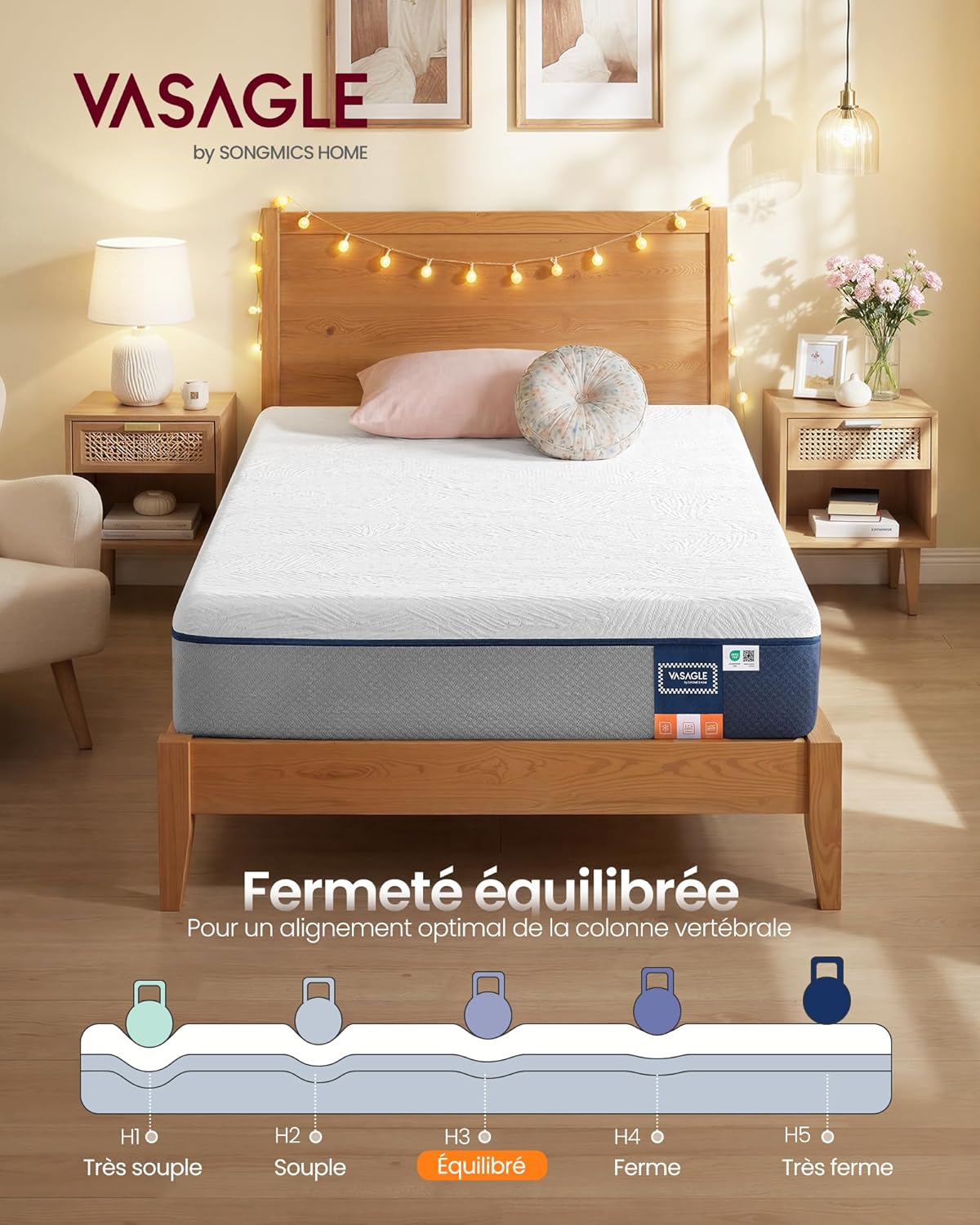 Matelas 90 x 190 cm, Matelas 1 Personne, Mousse à Mémoire de Forme Gel, Soutien Mi-Ferme sur 7 Zones, Housse Respirante, Amovible et Lavable en Machine, 20 cm d’Épaisseur, Bleu RMZ121QZ01 90l x 190L x 20H cm
