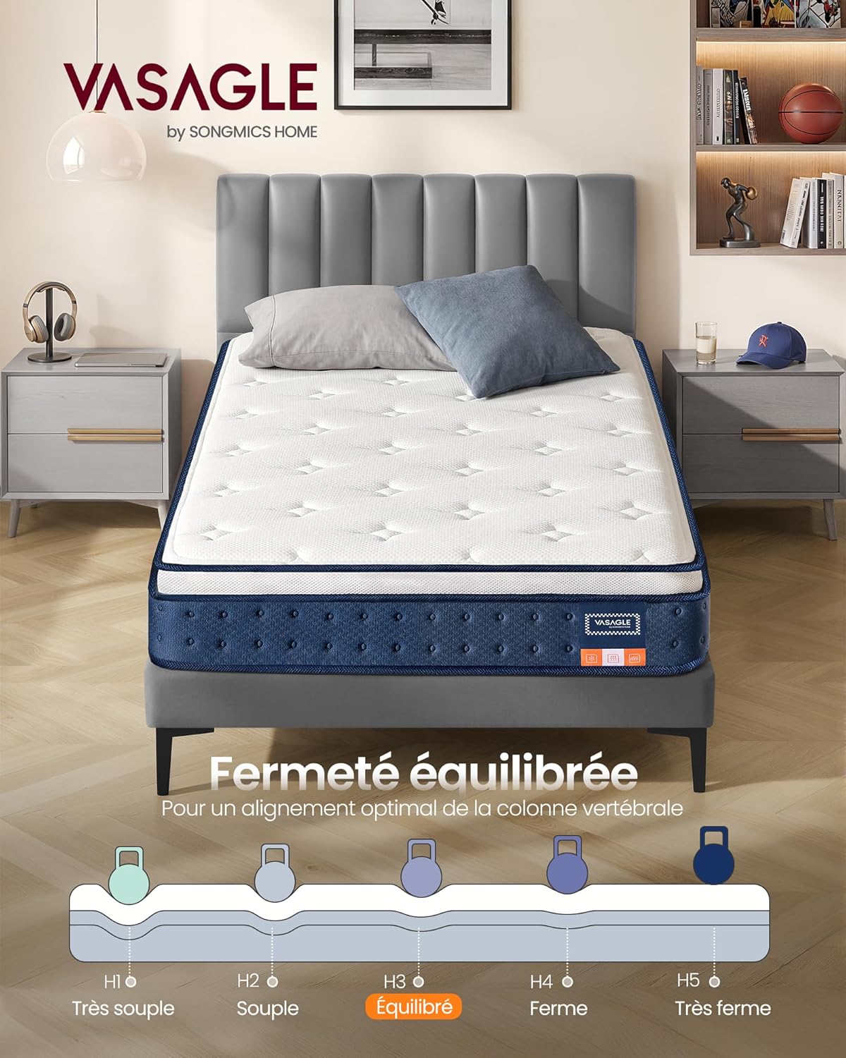 Matelas Simple 90 x 190 x 20 cm, Matelas Hybride à Ressorts Ensachés, Mousse à Mémoire de Forme Gel, Soutien Mi-Ferme sur 7 Zones, Bords Renforcés, Housse Respirante, Bleu RMZ211QZ02 90l x 190L x 20H cm Matelas