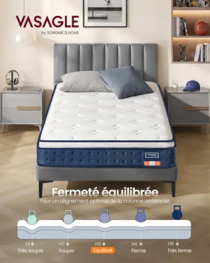 Matelas Simple 90 x 190 x 20 cm, Matelas Hybride à Ressorts Ensachés, Mousse à Mémoire de Forme Gel, Soutien Mi-Ferme sur 7 Zones, Bords Renforcés, Housse Respirante, Bleu RMZ211QZ02 90l x 190L x 20H cm Matelas