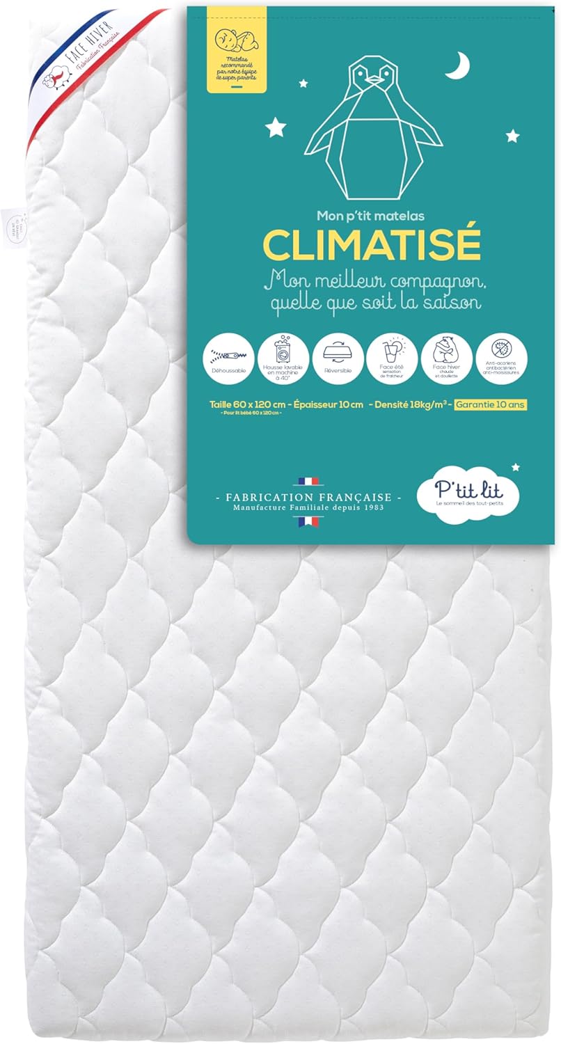 P'tit Lit - Matelas Bébé Climatisé - 60x120 cm - 1 face Été fraîche / 1 face Hiver ouatinée - Anti Acarien - Déhoussable - Oeko Tex - Fabrication Française 60x120 cm (Lot de 1)