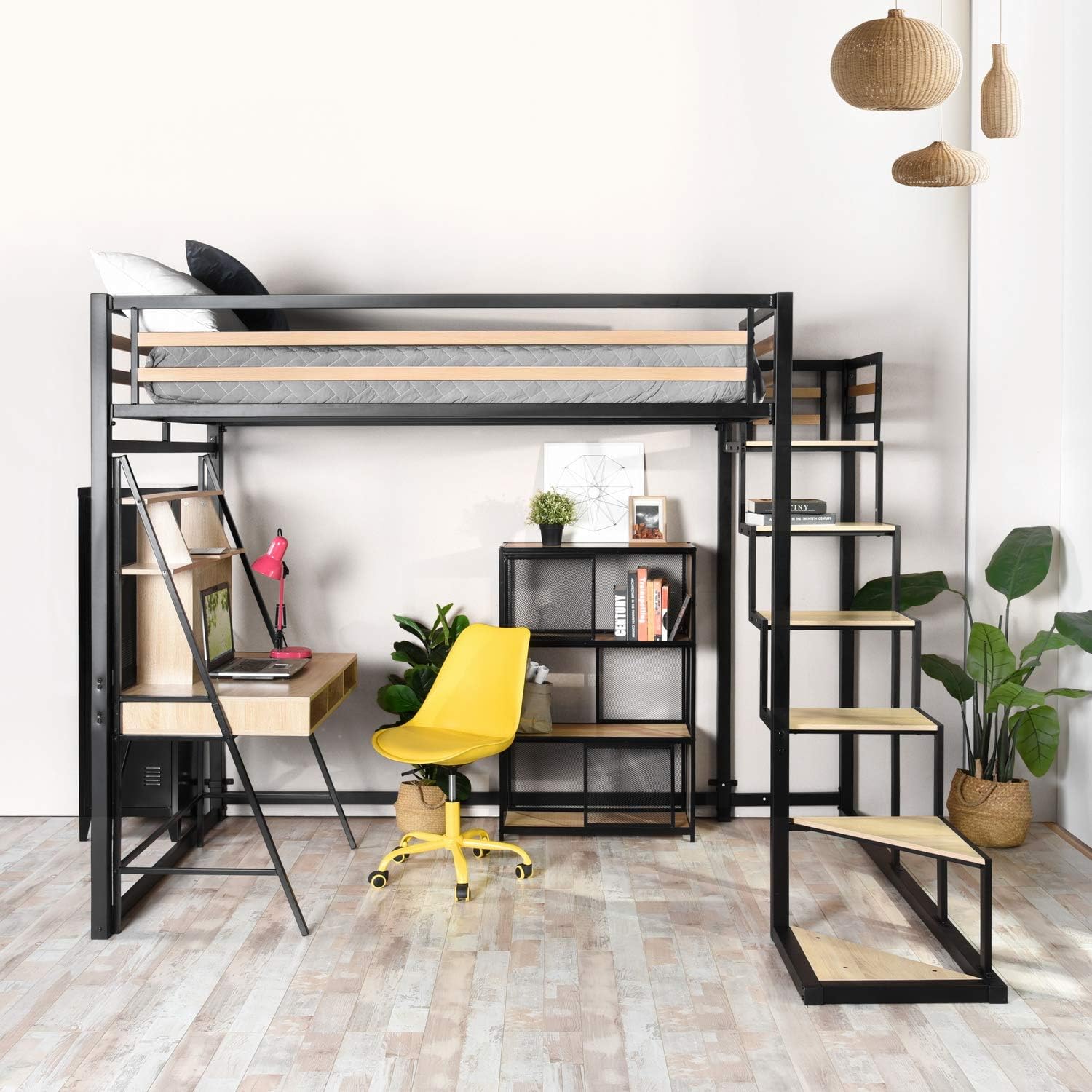 Lit Mezzanine 2 Places 140x200cm avec Sommier à Lattes en Bois d'ingénierie et métal, Style Industriel, pour Adulte Enfant Chambre à Coucher Maison, Chêne