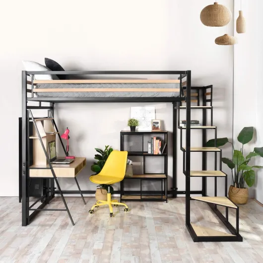 Lit Mezzanine 2 Places 140x200cm avec Sommier à Lattes en Bois d'ingénierie et métal, Style Industriel, pour Adulte Enfant Chambre à Coucher Maison, Chêne