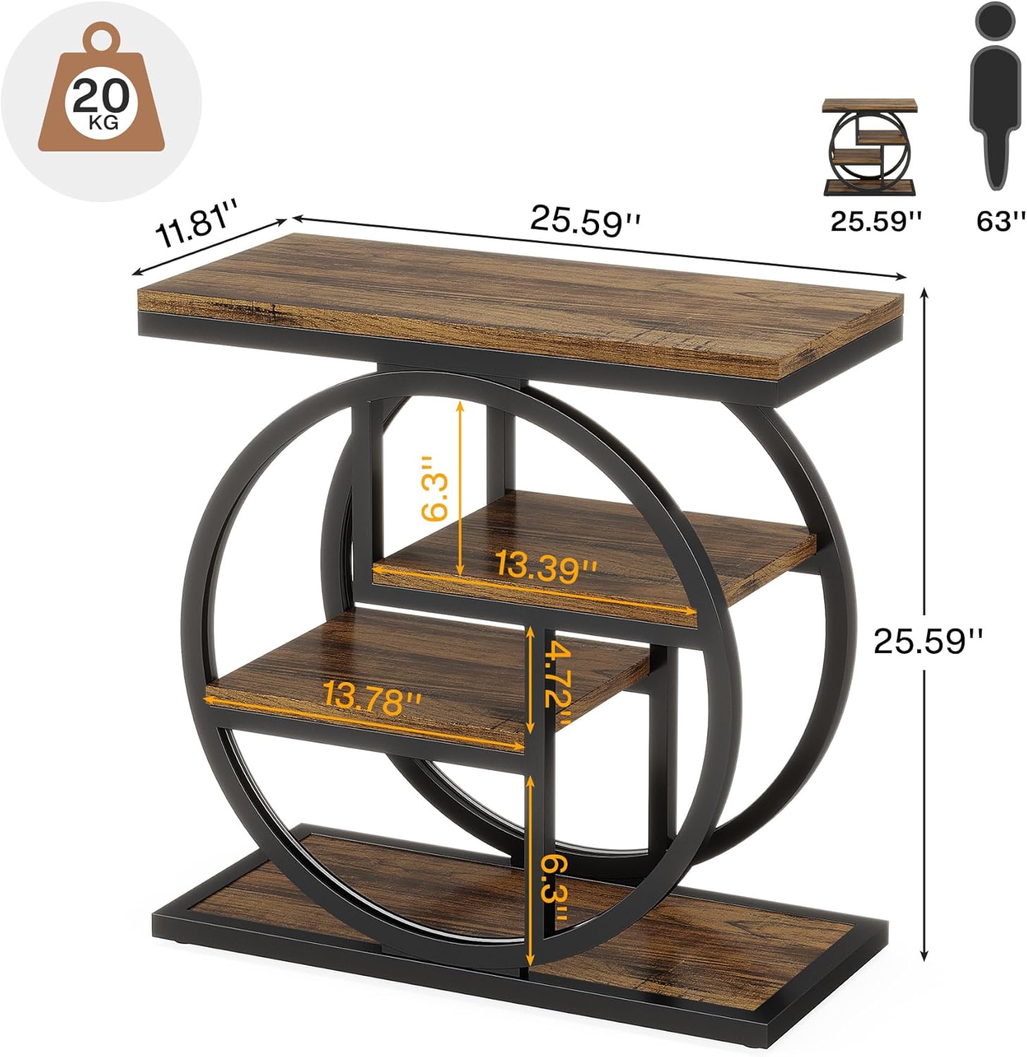 Table d'appoint étroite à 4 niveaux avec étagères de rangement, table de chevet industrielle pour chambre à coucher, petit canapé en bois avec cadre géométrique en métal (1 pièce, marron 1 Marron Rustique