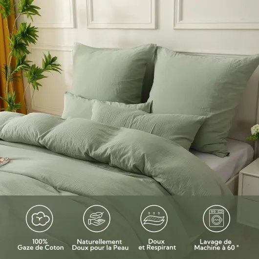 Housse de Couette 220x240 Gaze de Coton, Certifié Oeko-TEX, Vert Réglisse Ensembles de Housse de Couette avec Fermeture Éclair, Parure de Lit Adulte 220x240 cm avec 2 Taie d'oreiller 65x65 cm Vert Réglisse 220x240cm + 2 x Taie Oreiller 65x65cm