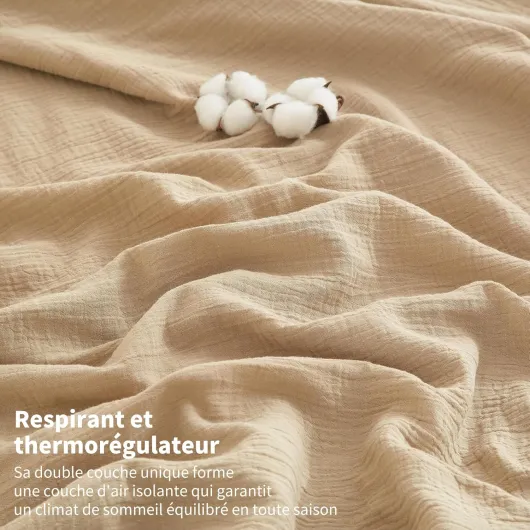Housse de Couette Gaze de Coton 220x240 Beige Kaki 100% Coton Parure de Lit Double en Gaze de Coton Doux Respirant Linge de Lit 2 Personne avec Fermeture Éclair et Taies d'oreiller 65x65 cm Beige 220x240cm+2x65x65cm