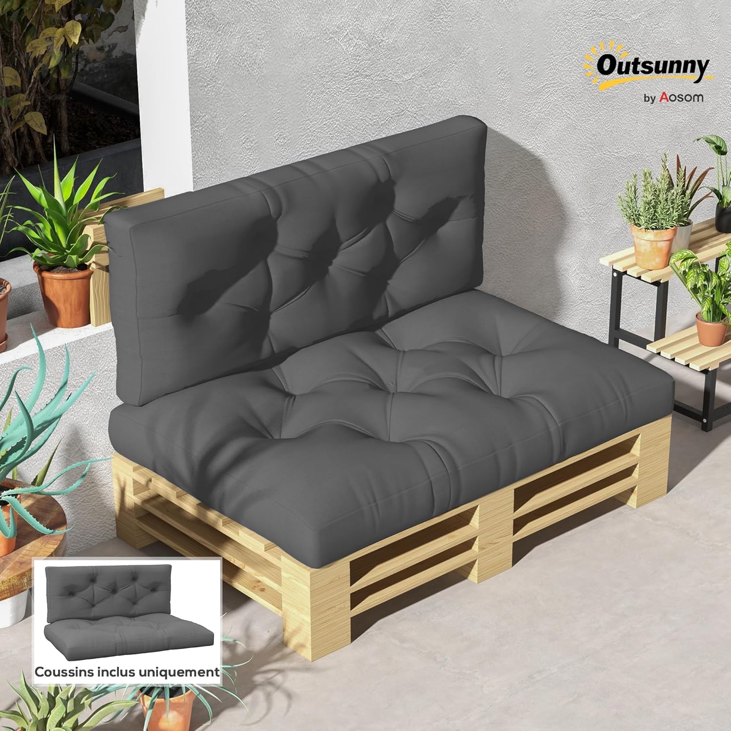 Ensemble de 2 Coussins pour canapé Palette 2 Places Grand Confort dim - 120L x 80l x 12H cm Polyester Gris Gris Anthracite