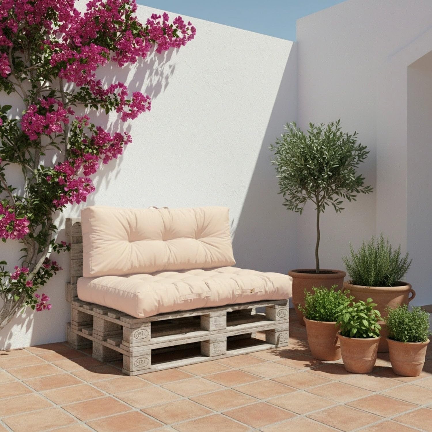 Déco Arts — Coussin Palette Lot de 2 (Assise 120x80 + Dossier 120x40) — Tissu Déperlant Anti-UV — Mousse Confort 240g/m² — Oeko-TEX 100 — Beige