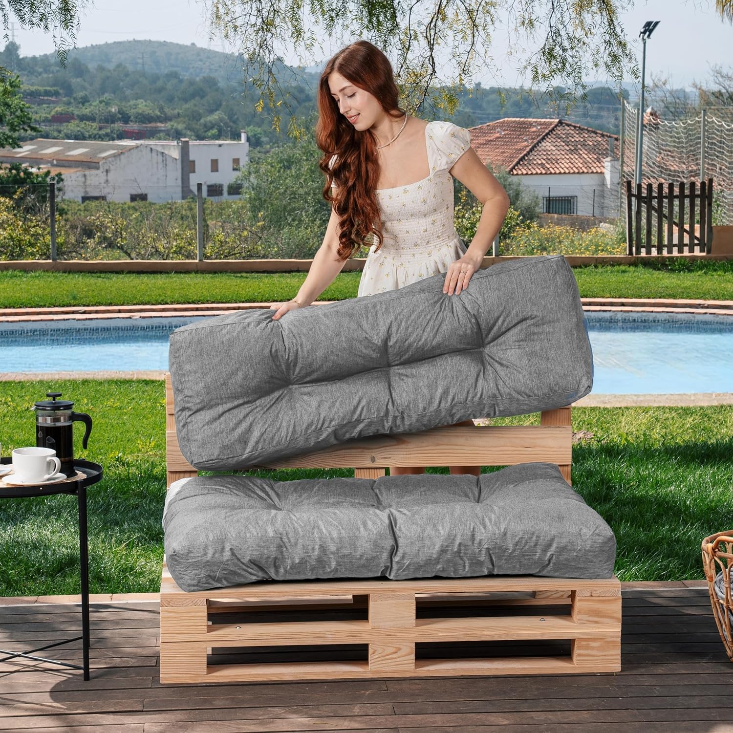 Coussin Palette Extérieur Confortable - Tissu Résistant, Anti-UV & Déperlant - Coussin Salon de Jardin Extérieur, Balcon, Terrasse (Lot Assise + Dossier, Gris) Gris Lot 1 Dossier 120 X 40 cm + 1 Assise 120 X 80 cm