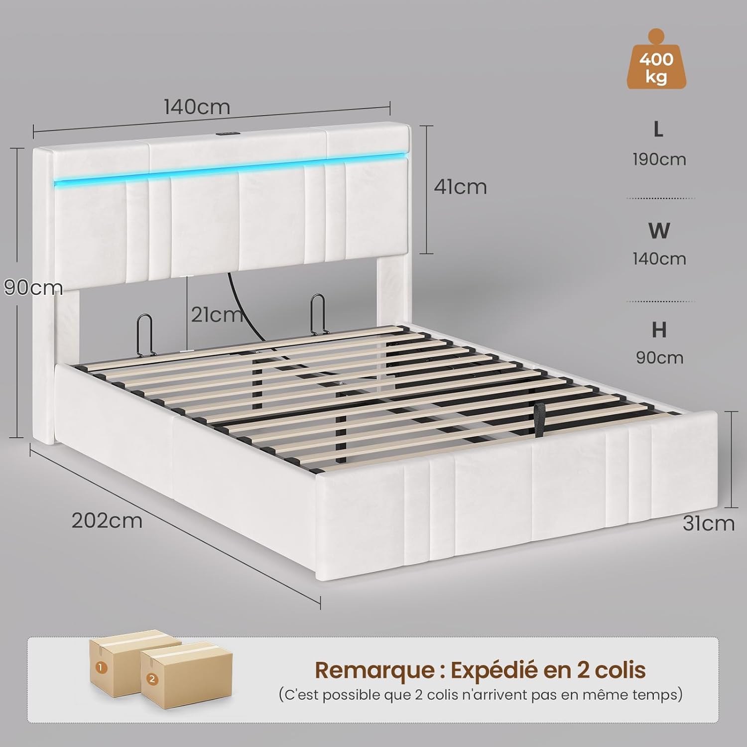 Lit Coffre avec sommier lit 2 Personnes avec Éclairage LED & Ports USB,Tête de Lit Capitonné avec Multiprise Lit Double avec Rangement Hydraulique,Sommier à Lattes，Velours (Beige, 140x190cm) Beige 140x190cm
