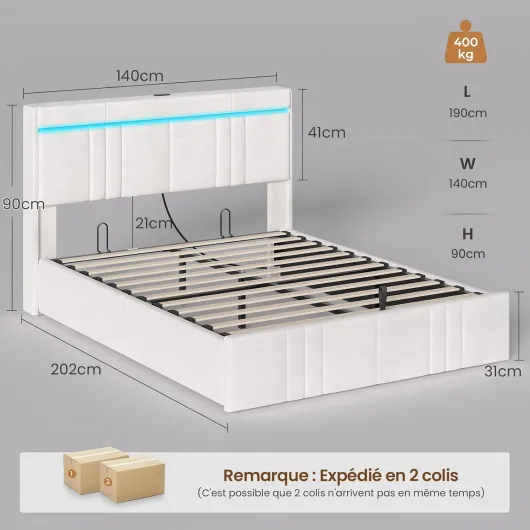 Lit Coffre avec sommier lit 2 Personnes avec Éclairage LED & Ports USB,Tête de Lit Capitonné avec Multiprise Lit Double avec Rangement Hydraulique,Sommier à Lattes，Velours (Beige, 140x190cm) Beige 140x190cm