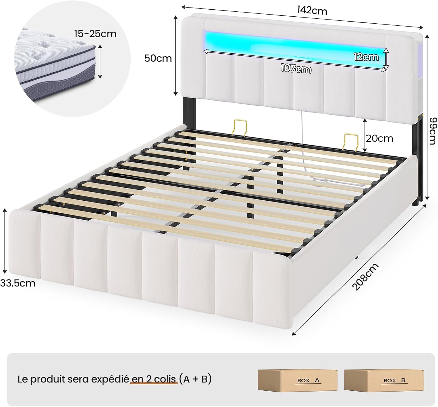 Lit Coffre 140x190 avec Multiprise Intégrée - Lit 140x190 avec Sommier,Rangement Hydraulique,Éclairage LED,Capitonné en Velours Beige,2 Étagères, 4 Niches Ouvertes 140×190cm Beige