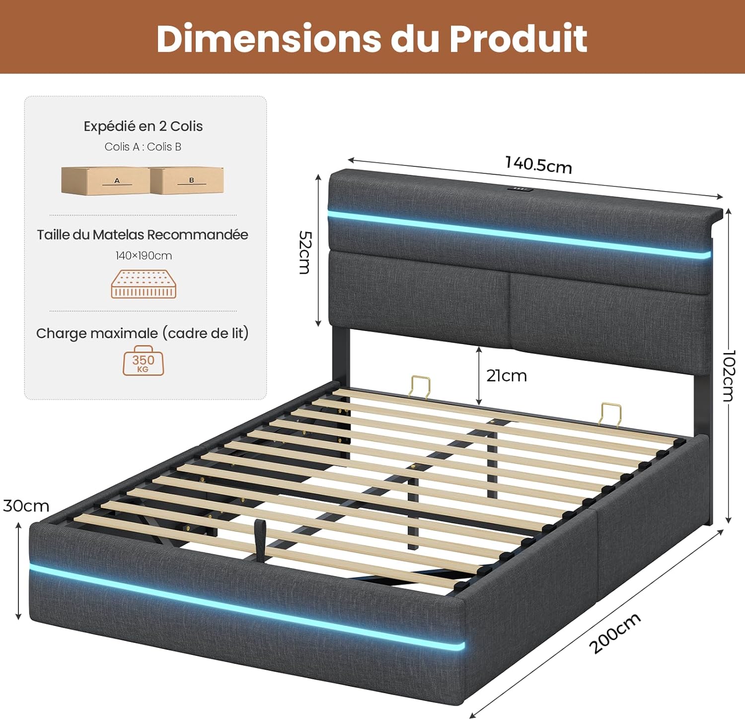 Lit Coffre 140x190, Lit 2 Personnes avec Lumières LED et Prise, Cadre de Lit 140x190 avec Rangement, Système Hydraulique, Tête de Lit Capitonné, Sommier à Lattes en Bois, Lin Gris Foncé 140x190cm Gris Foncé