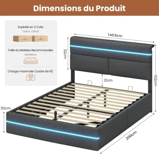 Lit Coffre 140x190, Lit 2 Personnes avec Lumières LED et Prise, Cadre de Lit 140x190 avec Rangement, Système Hydraulique, Tête de Lit Capitonné, Sommier à Lattes en Bois, Lin Gris Foncé 140x190cm Gris Foncé