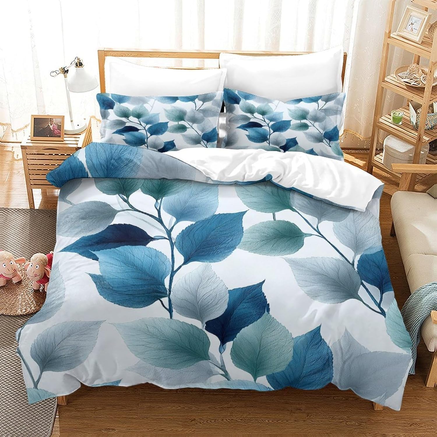 Housse de Couette 280x260 Feuilles Aquarelle Parure de Lit 2 Personnes Plantes Imprimée 3D Microfibre Literie Set 3 Pièces avec Housses Couettes et 2 Taies d'oreiller F-482 280x260cm + 2 x 65x65cm