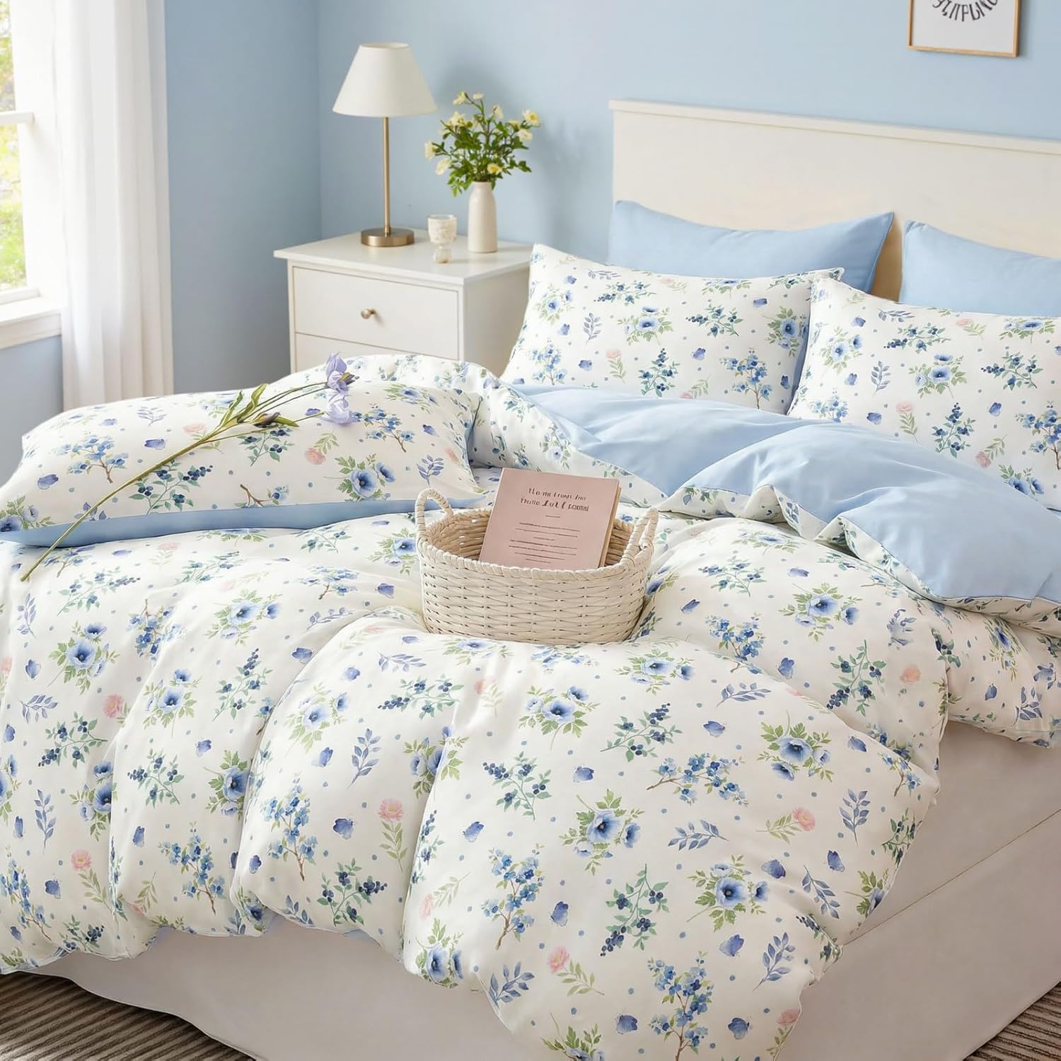 Tospass Housse de Couette 240x260 Fleurs Blanc Bleu Rose Floral Parure de Lit 240x260 Adultes 2 Personnes avec Fermeture Éclair Housse Couette en Microfibre avec 2 Taie d'oreiller 65x65cm Fleurs-blanc Bleu Rose 240x260+2x65x65
