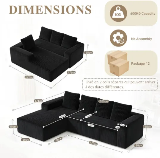 261cm Canape Dangle Convertible, canapé modulaire en Forme de L,canapé Convertible 3 Places avec méridienne, canapé d'angle Convertible pour Salon - Aucun Montage nécessaire,Noir C-noir