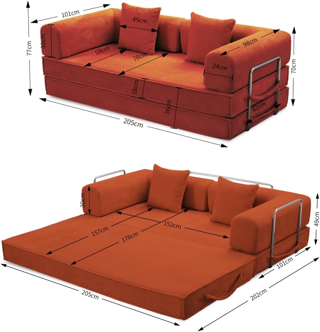 ARMANA Canapé 3 Places Convertible Lila en Velours côtelé, modulable en lit, Confortable, Cosy, méridienne en Velours, Sofa Moderne et Personnalisable, livré compressé, canapé lit Ocre