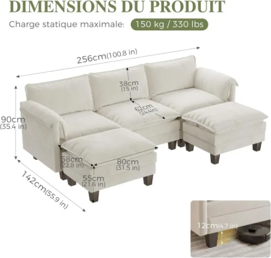 Canapé Nuage Modulable 256cm avec 2 Poufs, Canapé en Forme de U 3 Places, Canapé d'angle avec Assise Profonde 62cm, Montage sans Outil, Chenille, Beige Beige 3 Places-256 cm Forme en U