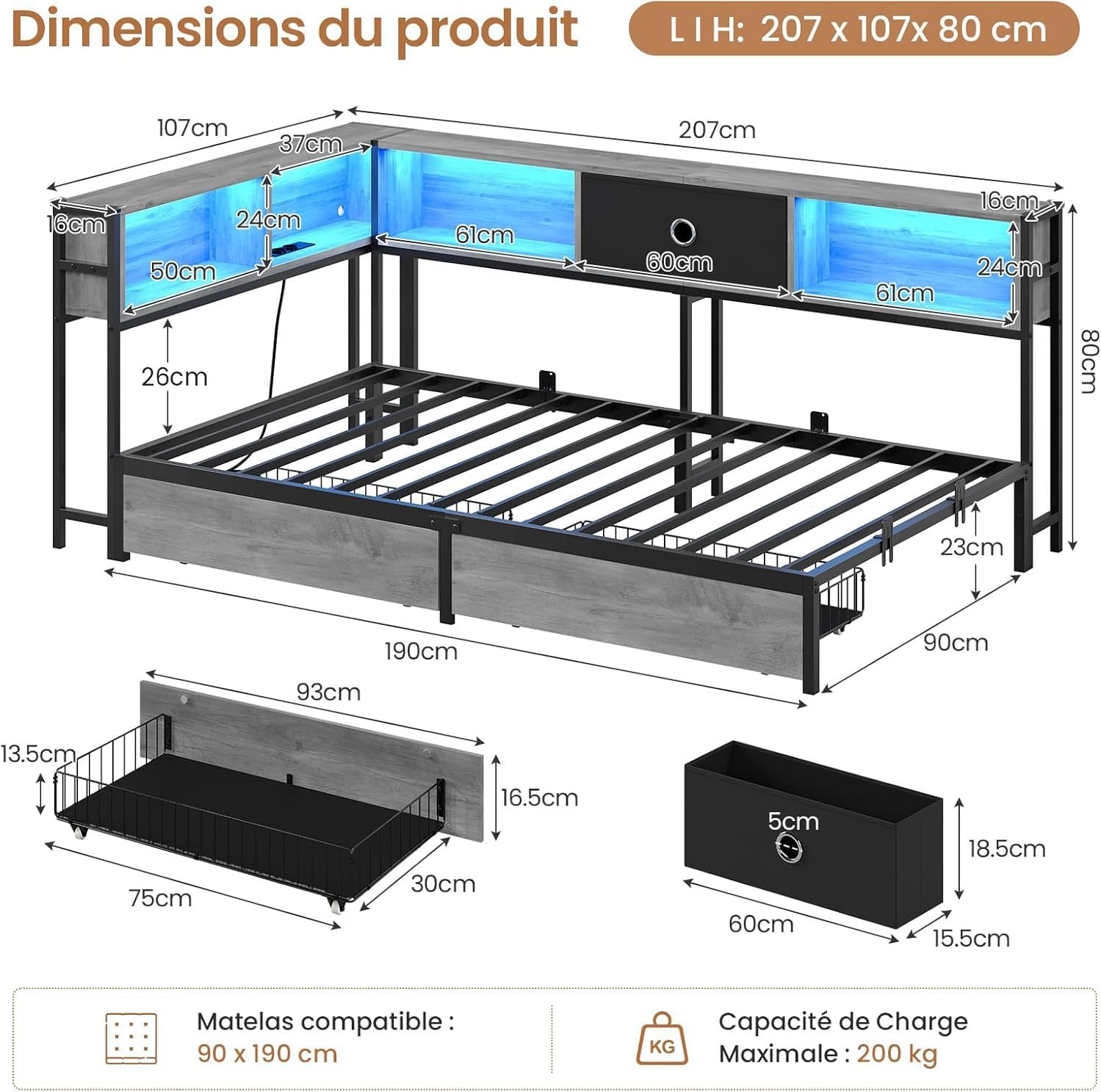 Canapé Lit 90x190 avec éclairage LED et Prise, Lits 90x190 avec sommier en Métal, lit Banquette avec 5 Compartiments Rangement, Lits 1 Place avec 2 tiroirs, Lit Enfant LED, Gris chêne Gris Chêne 90x190cm