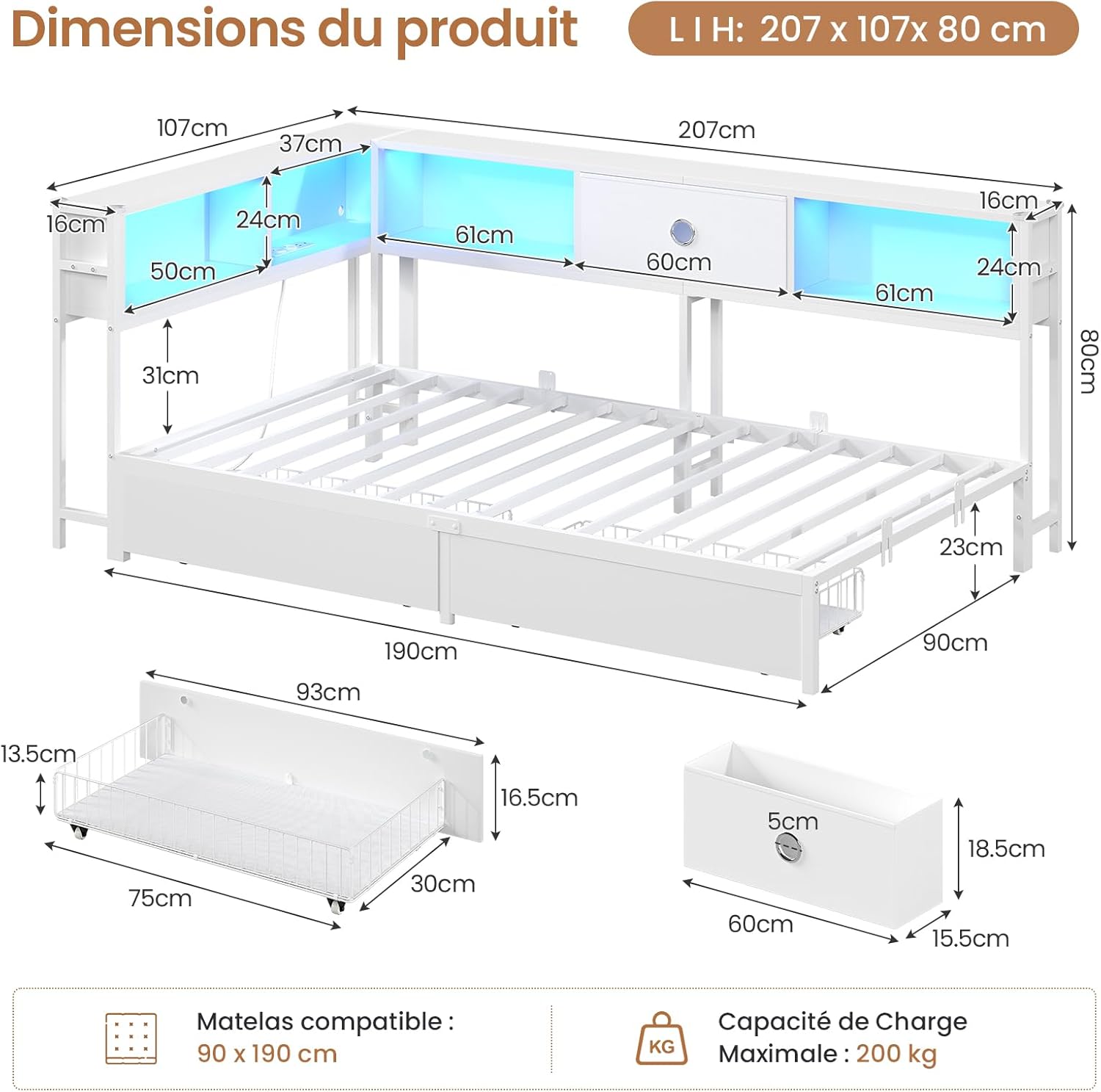 Canapé Lit 90x190 avec Éclairage LED et Multiprise, lit Coffre avec 4 niches Ouvertes et 2 Grands Tiroirs, Lit 90x190 avec Sommier à Lattes en Métal, lit Enfant/ado avec Rangement, Blanc Blanc 90x190cm