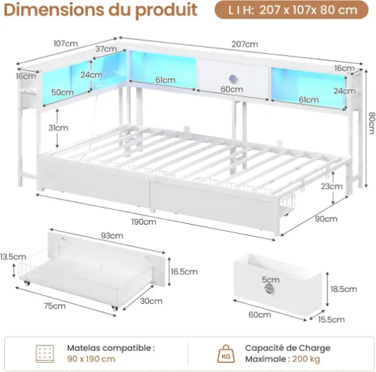 Canapé Lit 90x190 avec Éclairage LED et Multiprise, lit Coffre avec 4 niches Ouvertes et 2 Grands Tiroirs, Lit 90x190 avec Sommier à Lattes en Métal, lit Enfant/ado avec Rangement, Blanc Blanc 90x190cm