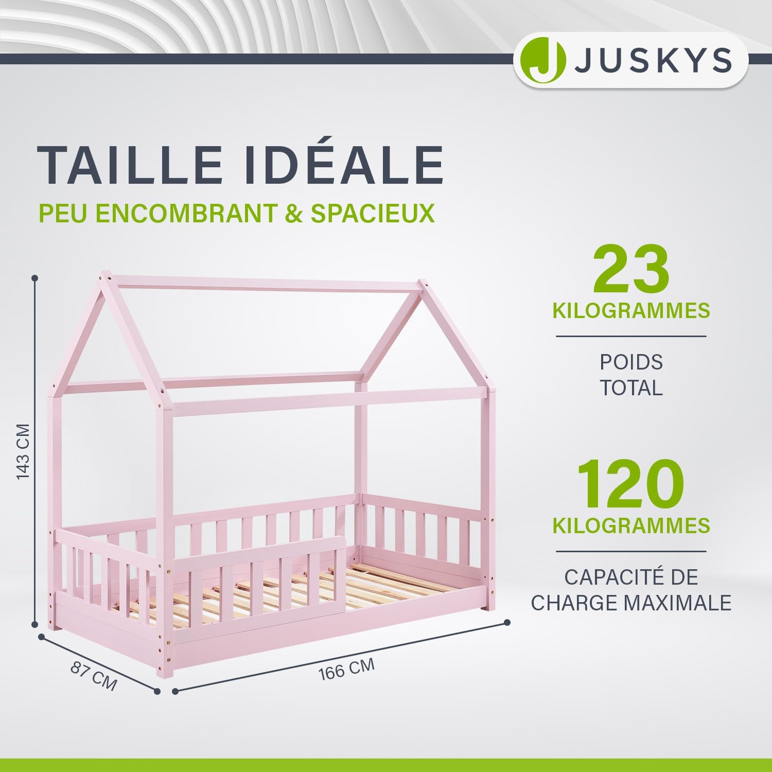 Lit cabane Enfant Marli 80x160 cm avec Protection antichute, sommier à Lattes et Toit, Lit Maison Montessori en Bois Massif, Rose