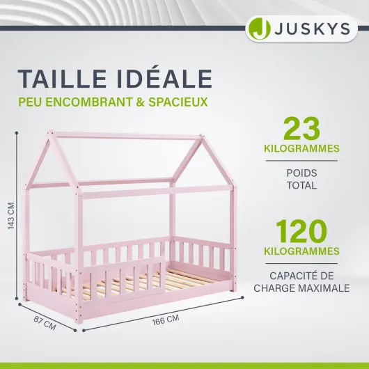 Lit cabane Enfant Marli 80x160 cm avec Protection antichute, sommier à Lattes et Toit, Lit Maison Montessori en Bois Massif, Rose