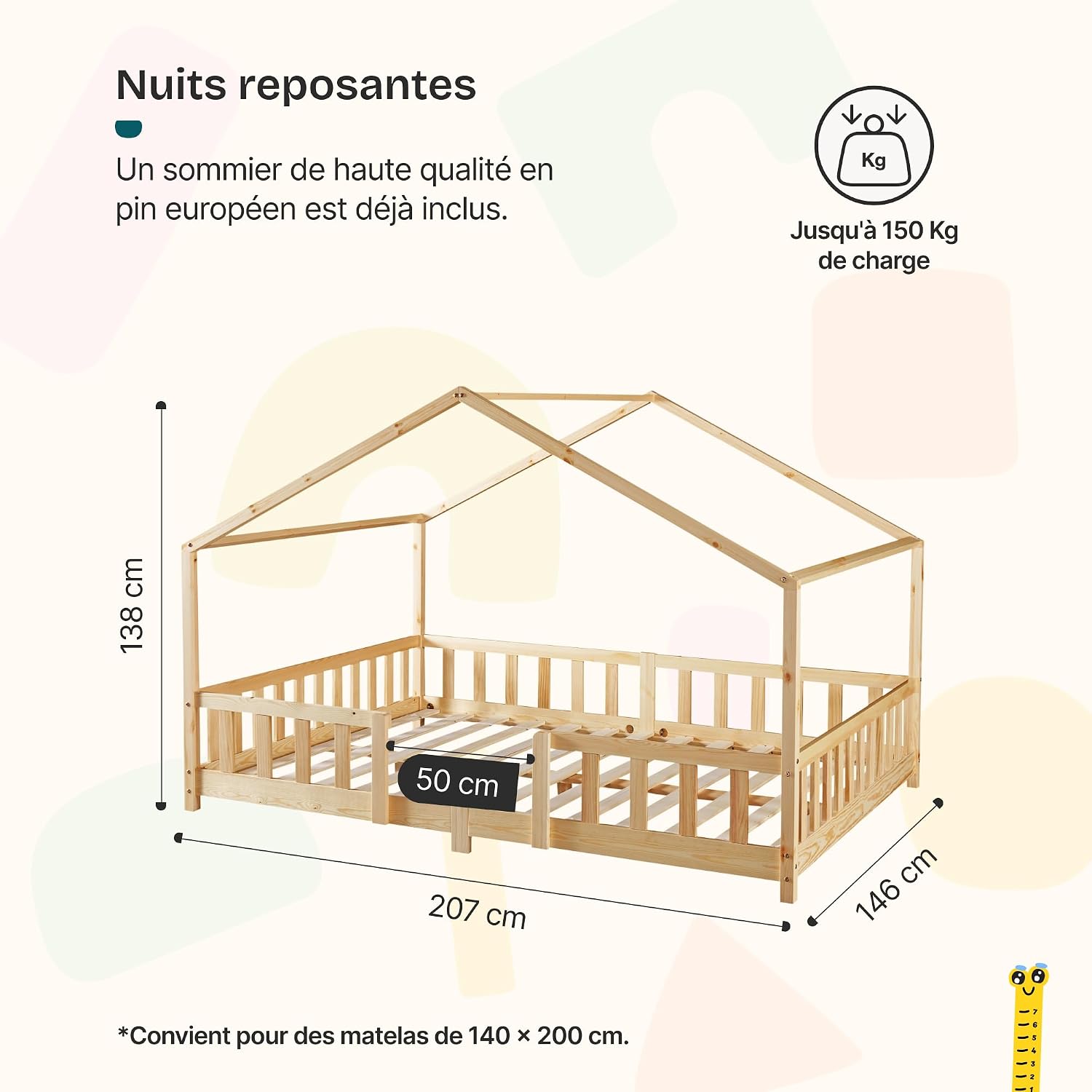 [en.casa] Lit d'enfant Cabane Treviolo 140 x 200 cm Lit Montessori en Forme de Maison avec Barrière et Sommier à Lattes Solide Style Scandinave Capacité de Charge 200 kg Bois de Pin Naturel Naturel 140 x 200 cm