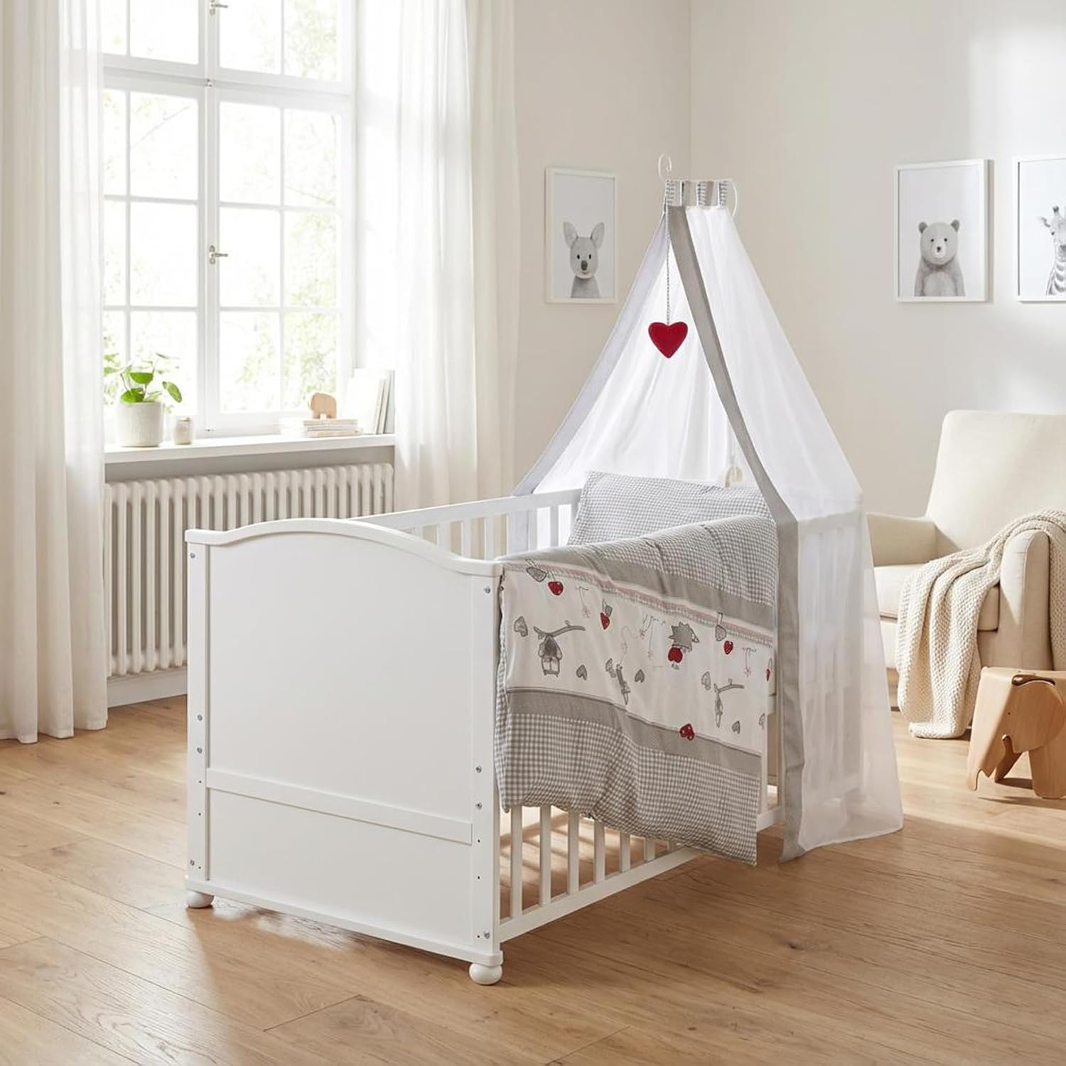 Lit Bébé Évolutif 70 x 140 cm Complet - Équipements Inclus - Réglable en Hauteur - 3 Barreaux Amovibles - 0 à 7 Ans - Blanc Blanc / Adam & Eule